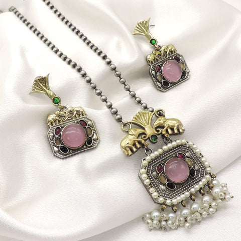 Pink Elephant Oxidized Necklace Set | Joyrias