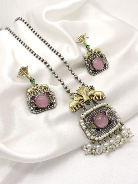 Pink Elephant Oxidized Necklace Set | Joyrias