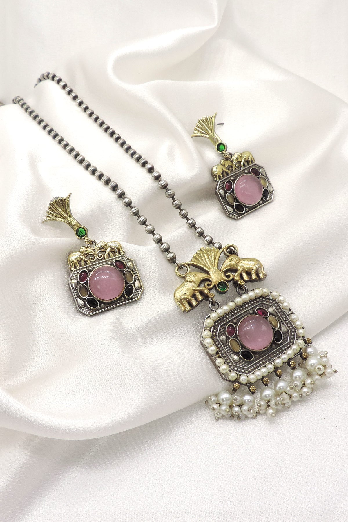 Pink Elephant Oxidized Necklace Set | Joyrias