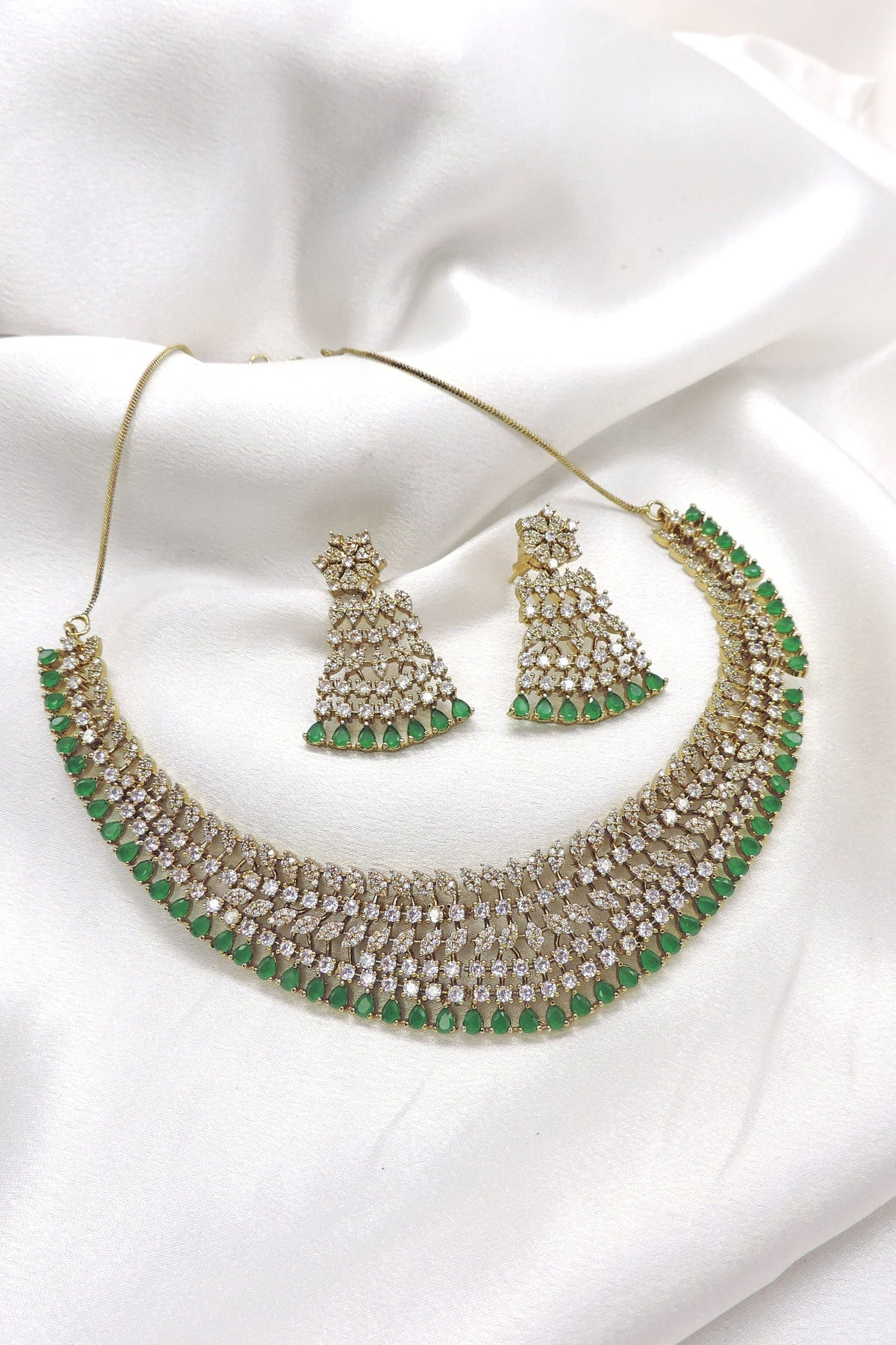 Royal green CZ AD choker necklace set with matching jhumka earrings by joyrias
