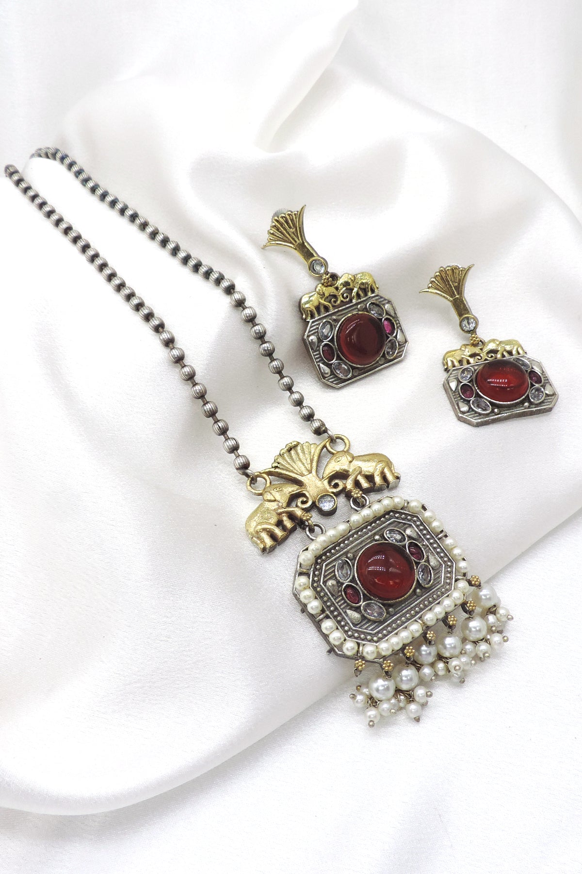 Pink Elephant Oxidized Necklace Set