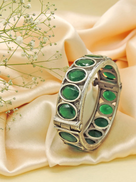 Silver replica green stone bangle – Indian oxidized women's bangle for festive wear – Joyrias