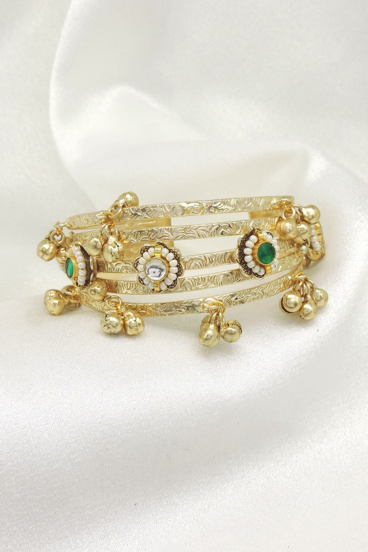 Green stone ghungroo cuff bangle by Joyrias
