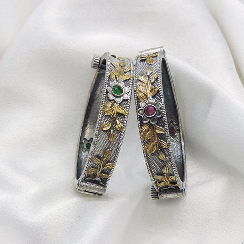 Oxidized dual-tone floral stone openable bangle set by joyrias
