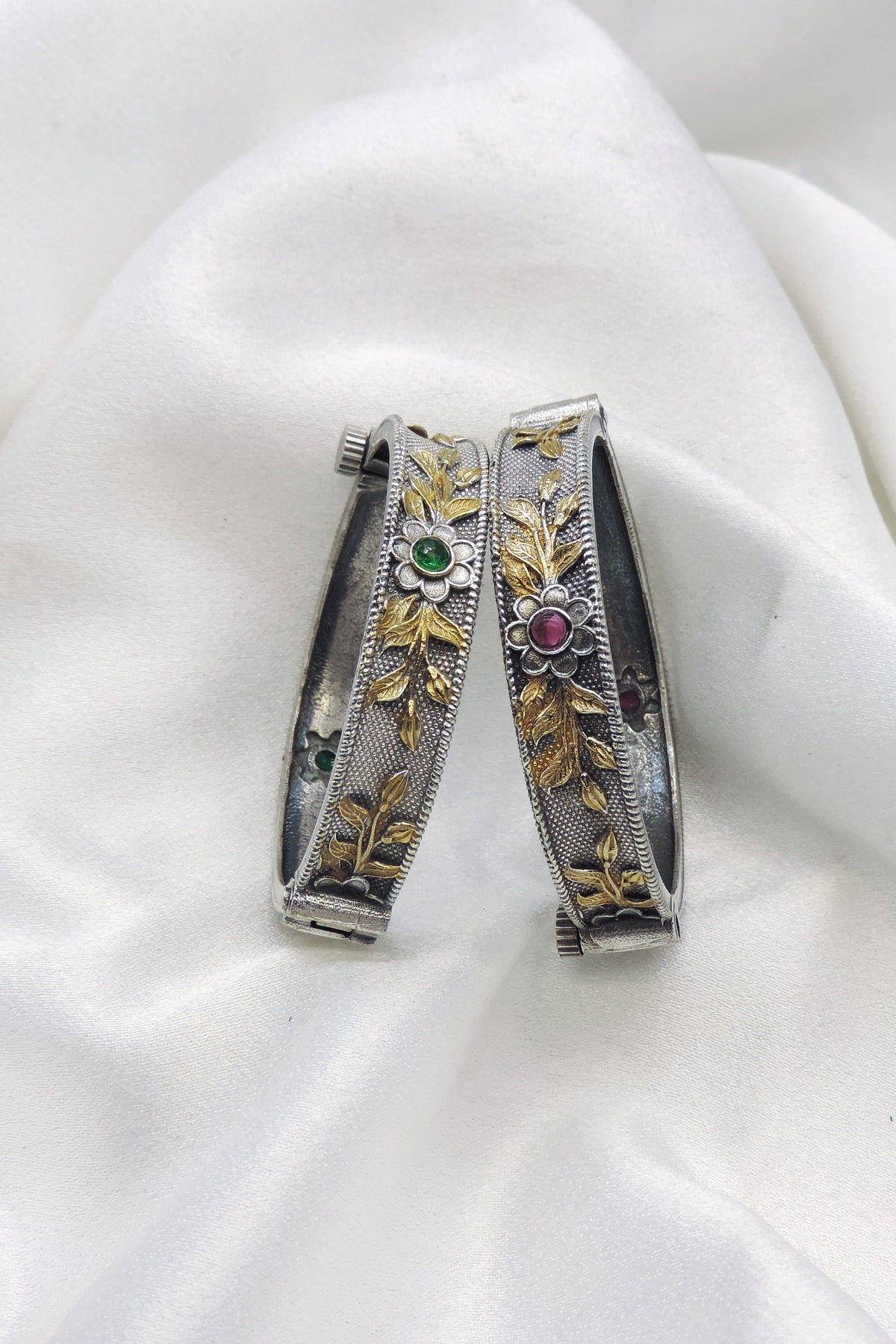 Oxidized dual-tone floral stone openable bangle set by joyrias