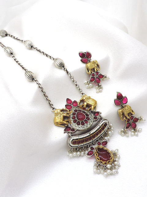 Heritage Elephant Dual Tone Pendant Set with Earrings