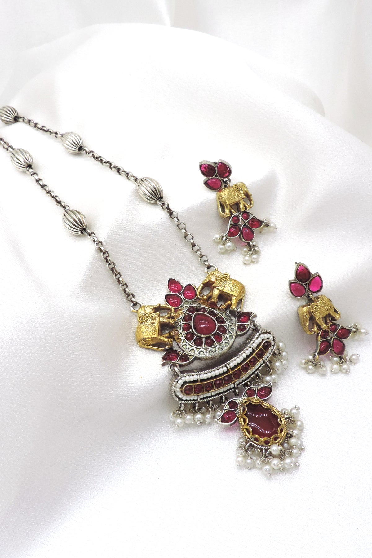 Heritage Elephant Dual Tone Pendant Set with Earrings
