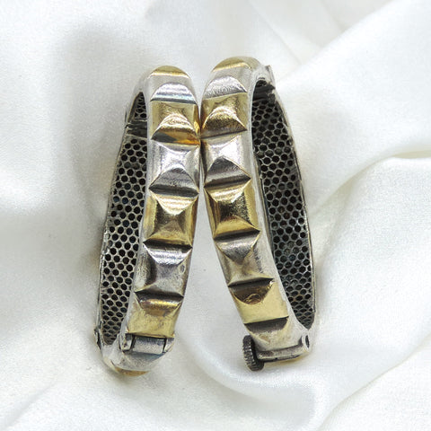 Oxidized dual-tone gold silver textured bangle set with geometric detailing by joyrias