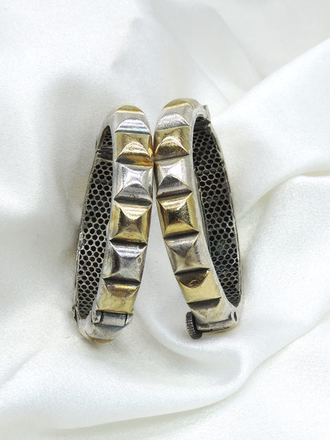 Oxidized dual-tone gold silver textured bangle set with geometric detailing by joyrias