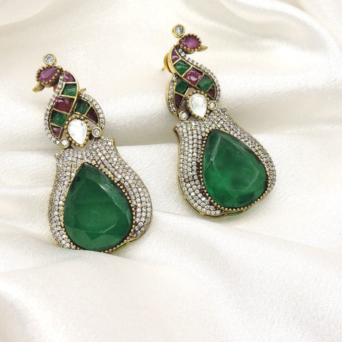 Emerald Peacock AD Drop Earrings with Peacock Motifs by Joyrias