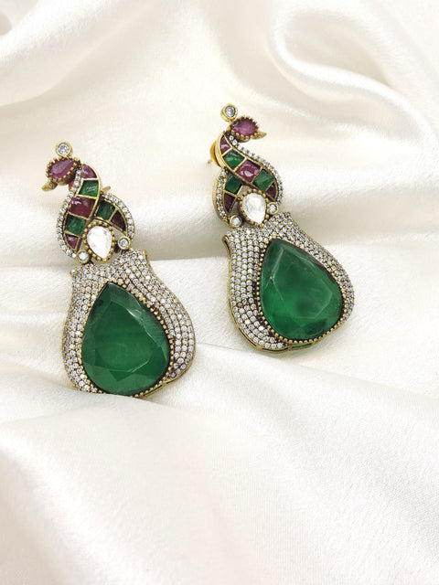 Emerald Peacock AD Drop Earrings with Peacock Motifs by Joyrias