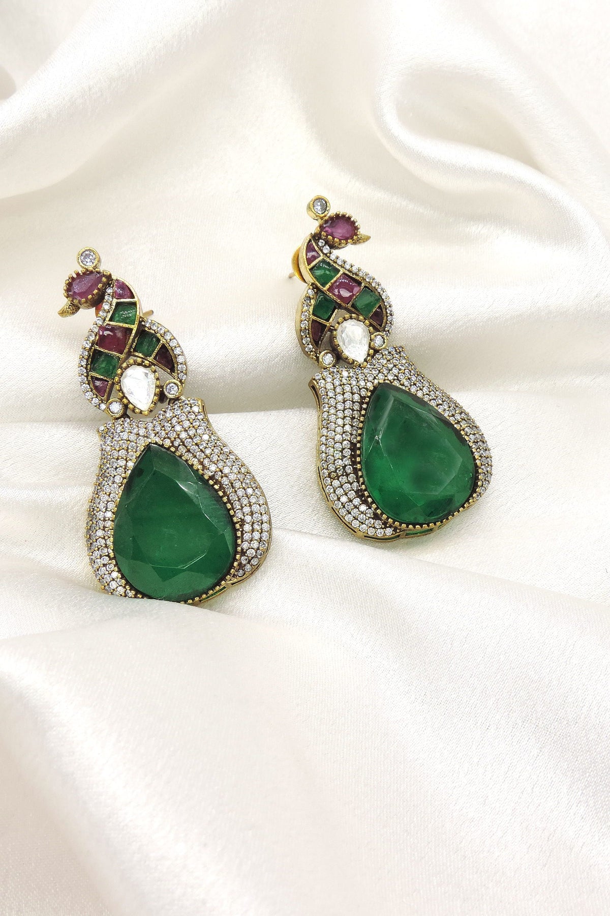 Emerald Peacock AD Drop Earrings with Peacock Motifs by Joyrias