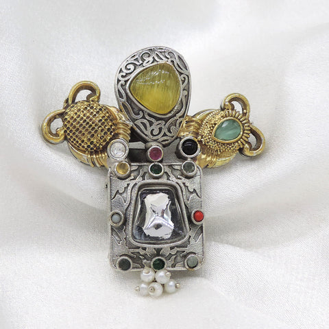 Oxidized yellow CZ AD multicolor ring with pearl accents and antique detailing from joyrias