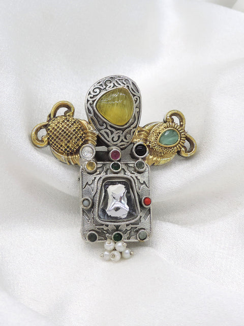 Oxidized yellow CZ AD multicolor ring with pearl accents and antique detailing from joyrias