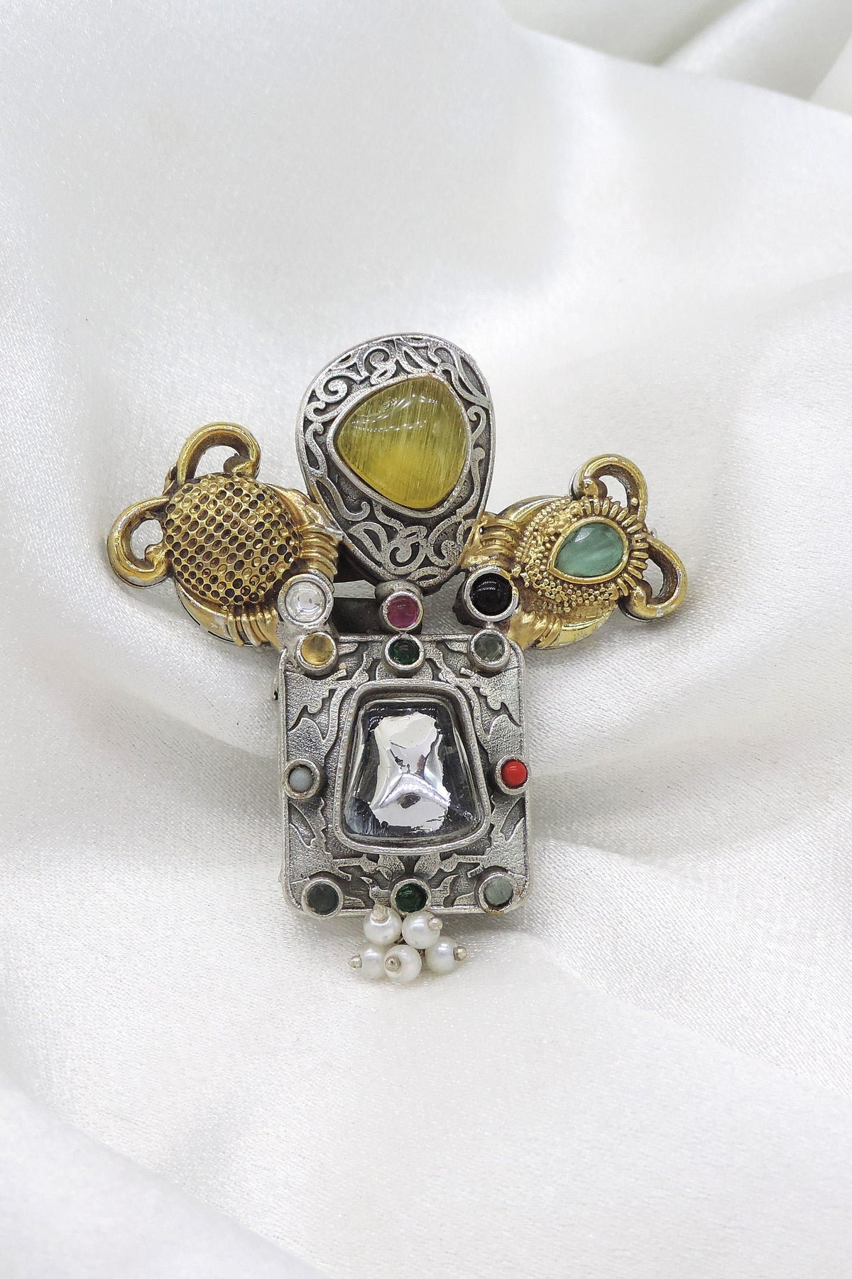 Oxidized yellow CZ AD multicolor ring with pearl accents and antique detailing from joyrias