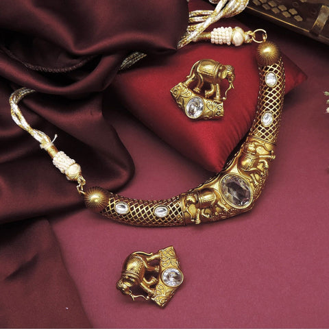 Antique elephant motif necklace set with white stones – Indian ethnic jewelry USA – Joyrias