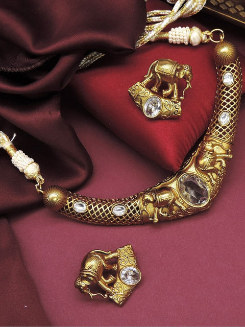 Antique elephant motif necklace set with white stones – Indian ethnic jewelry USA – Joyrias