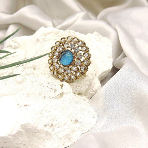 Round blue cabochon AD halo cocktail ring – Indian CZ stone ring for women USA – Joyrias