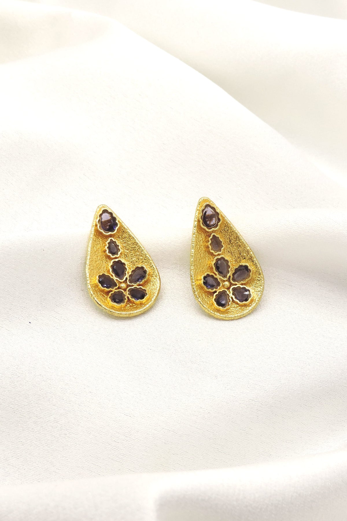 Sage Green Floral Teardrop Earrings | Gold-Plated Statement Studs | Joyrias