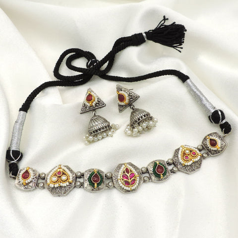 Oxidised Heritage Choker Necklace Set with Pearl Jhumka