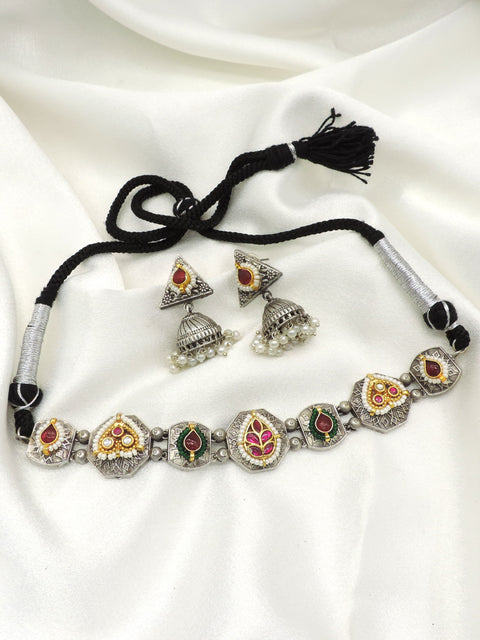 Oxidised Heritage Choker Necklace Set with Pearl Jhumka
