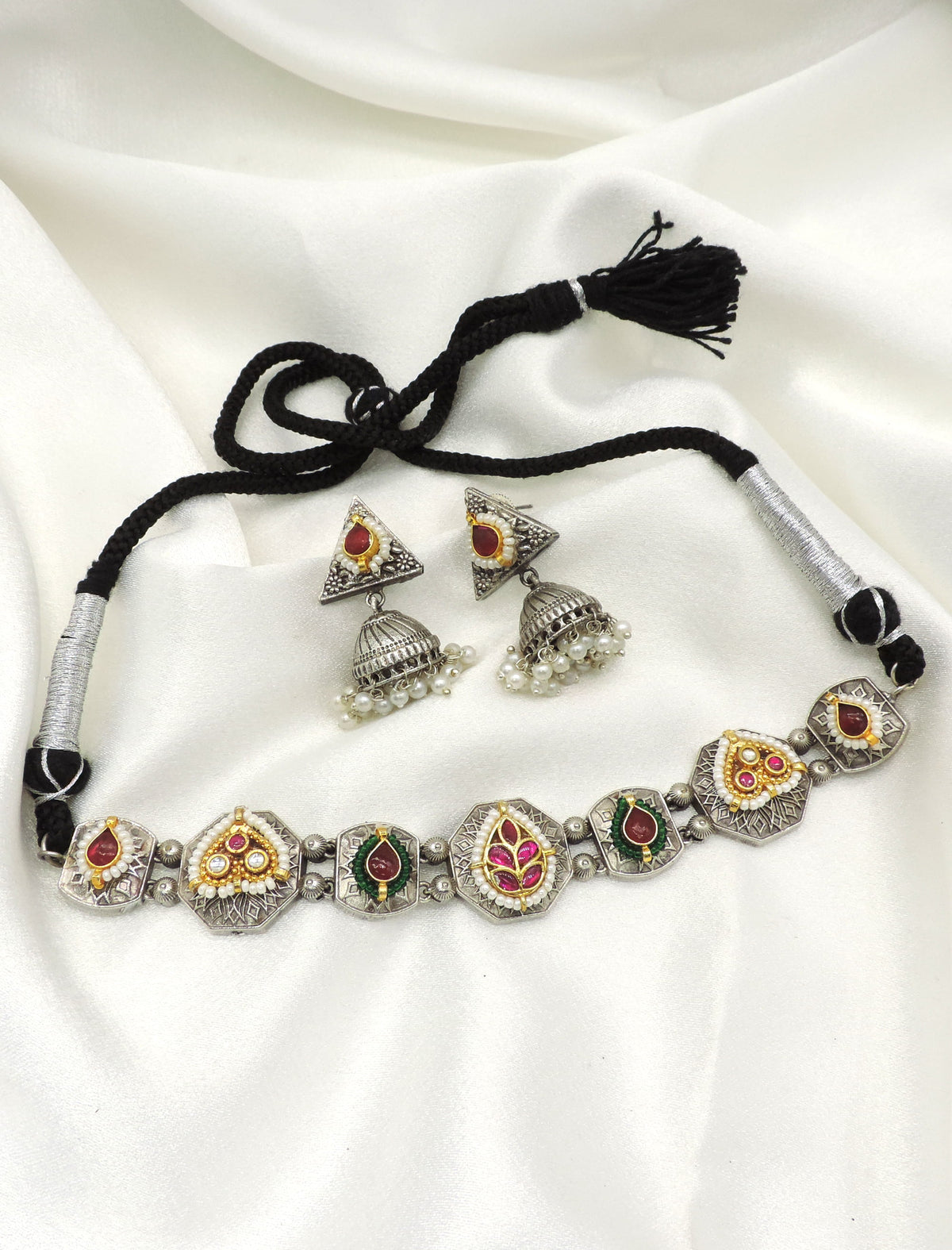 Oxidised Heritage Choker Necklace Set with Pearl Jhumka