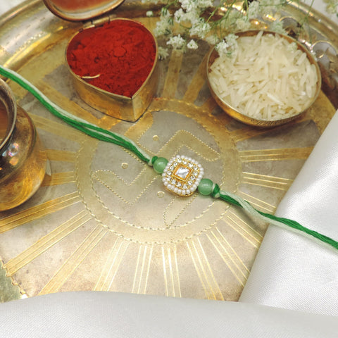 Elegant Green Pearl Kundan Rakhi | Handmade Designer Rakhi for Brother