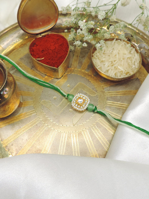 Elegant Green Pearl Kundan Rakhi | Handmade Designer Rakhi for Brother