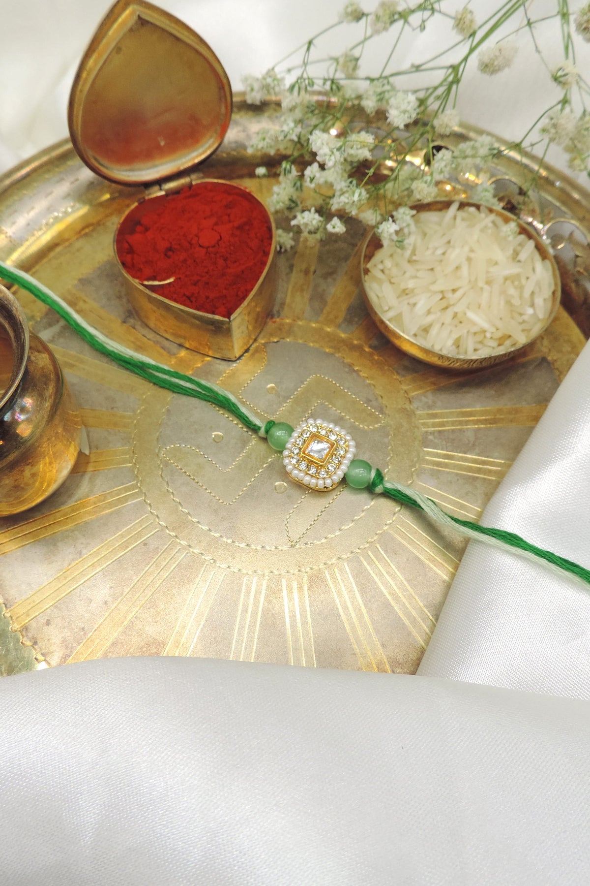 Elegant Green Pearl Kundan Rakhi | Handmade Designer Rakhi for Brother