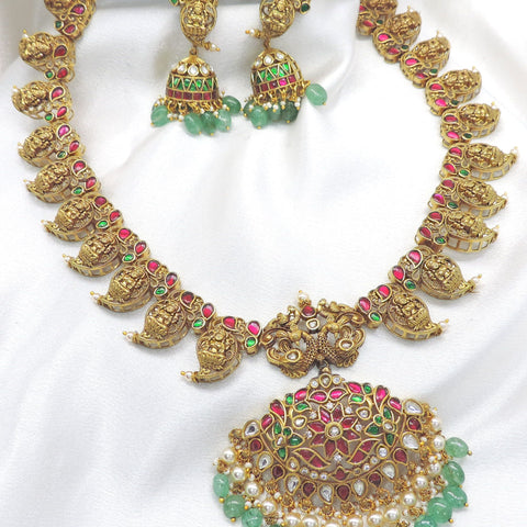 Royal gold pearl traditional necklace set with ruby emerald accents and jhumka earrings by joyrias