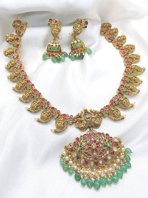 Royal gold pearl traditional necklace set with ruby emerald accents and jhumka earrings by joyrias