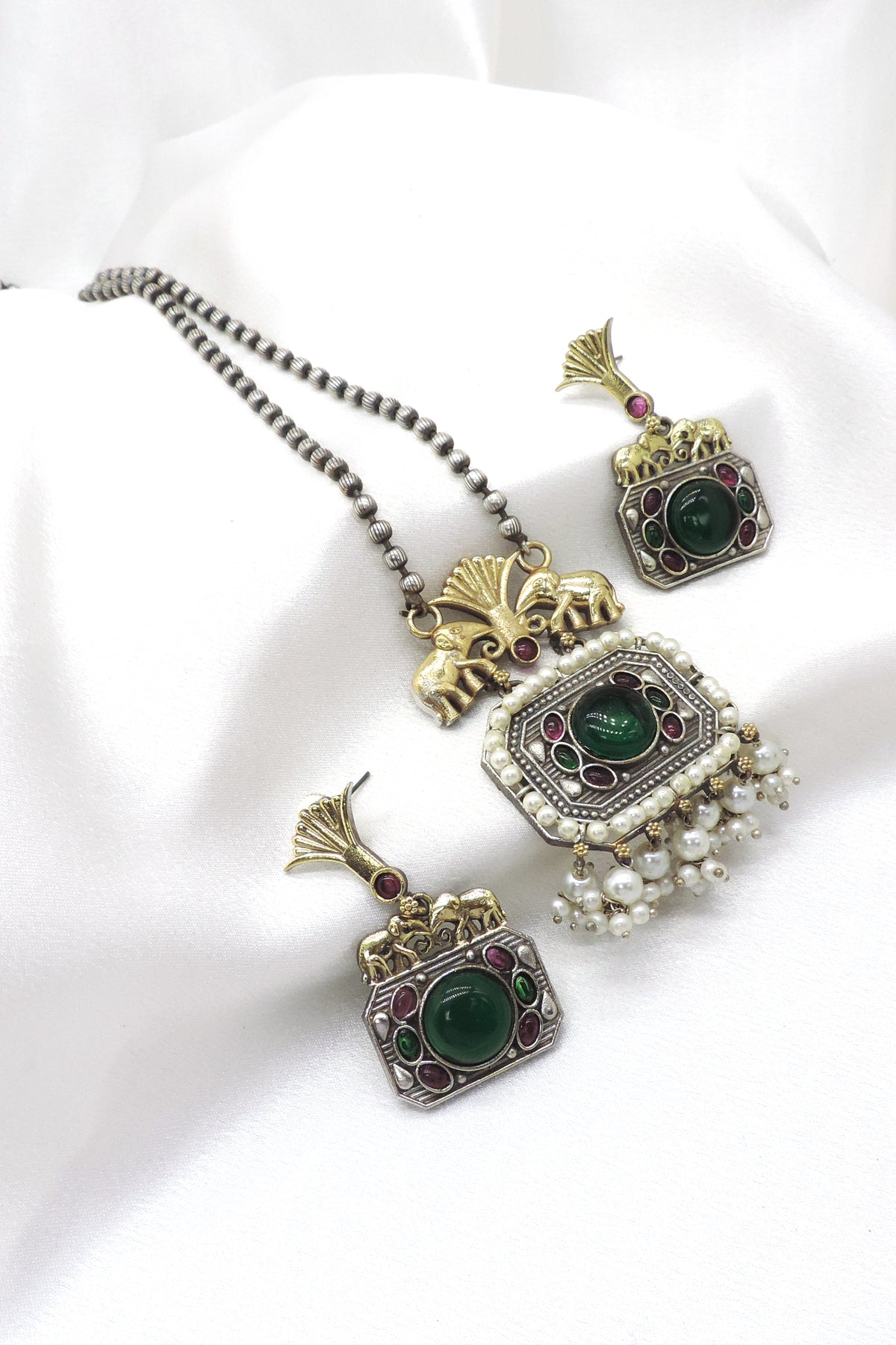 Pink Elephant Oxidized Necklace Set