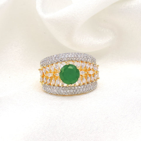Opulent green stone CZ ring with gold-toned detailing by joyrias