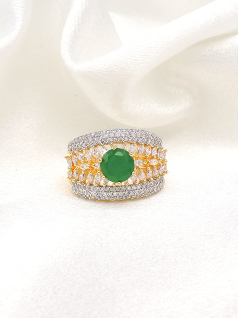 Opulent green stone CZ ring with gold-toned detailing by joyrias