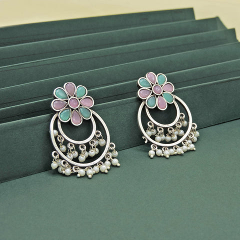 Pastel Floral Hoop Earrings with Pearl Drops – Oxidized Statement Earrings