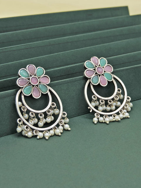 Pastel Floral Hoop Earrings with Pearl Drops – Oxidized Statement Earrings