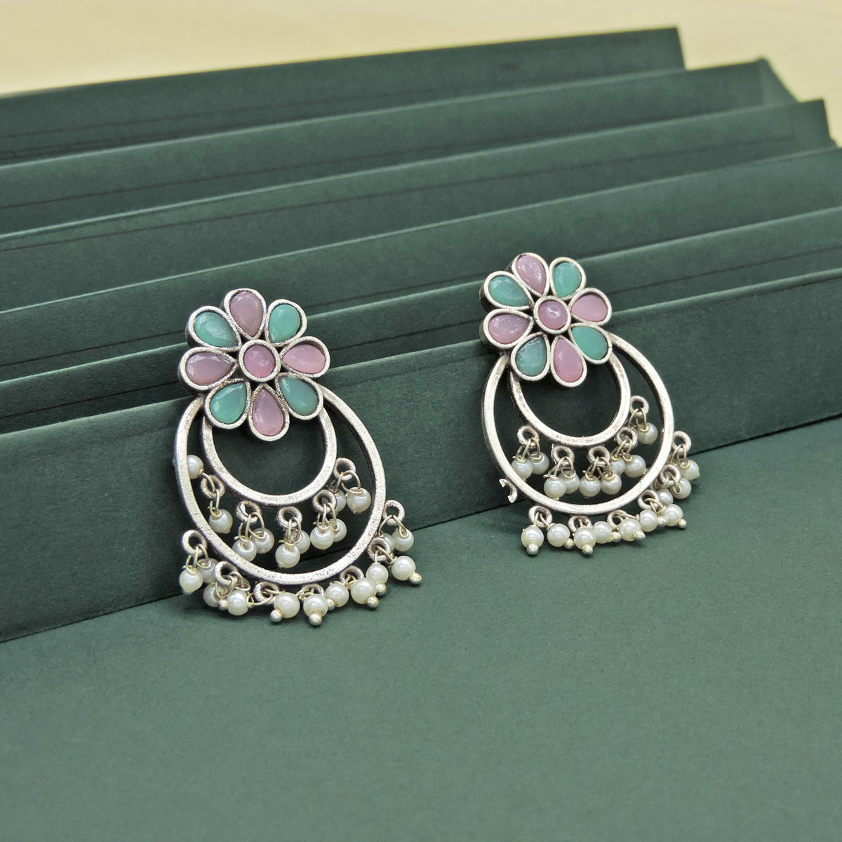 Pastel Floral Hoop Earrings with Pearl Drops – Oxidized Statement Earrings
