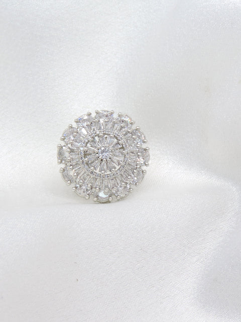 Dazzling round CZ ring with intricate baguette detailing by joyrias