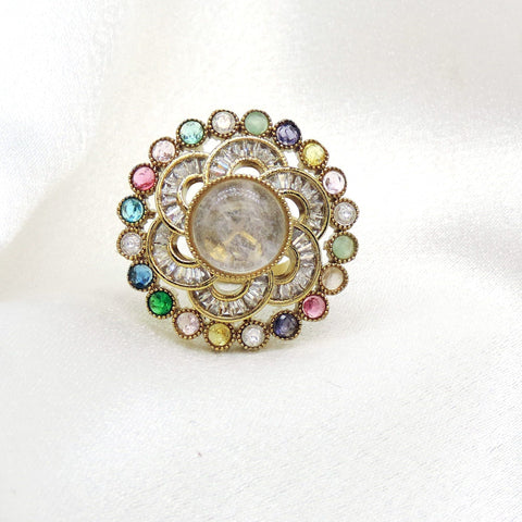 Ornate kundan multicolor floral ring with colorful stone detailing by joyrias