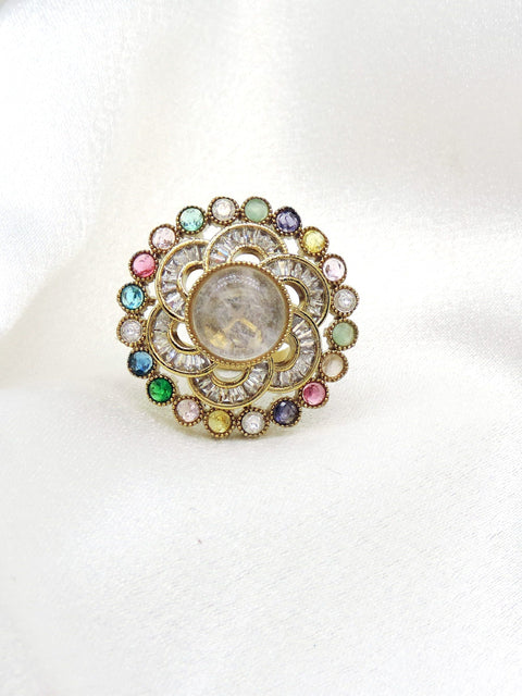 Ornate kundan multicolor floral ring with colorful stone detailing by joyrias