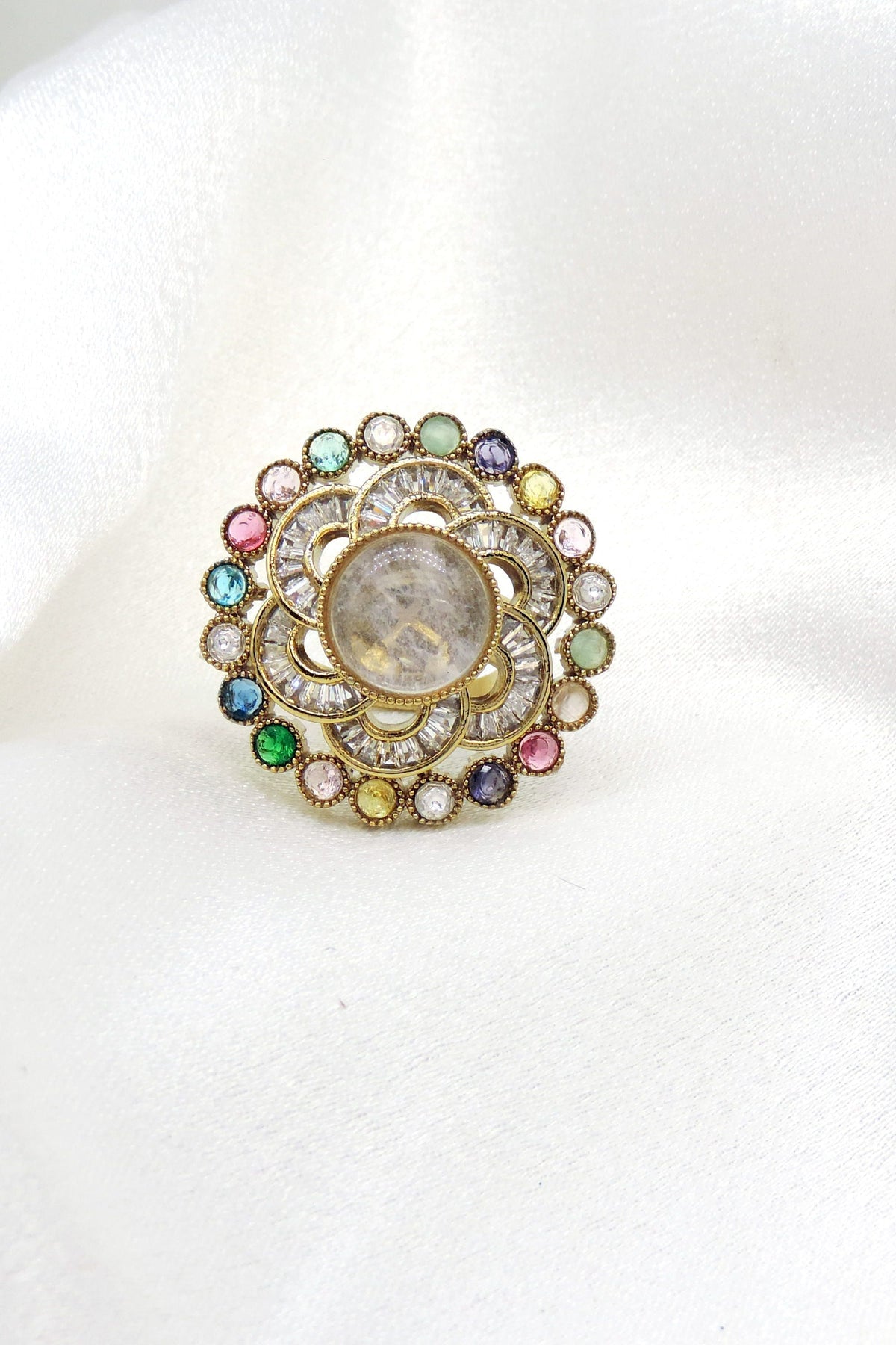 Ornate kundan multicolor floral ring with colorful stone detailing by joyrias