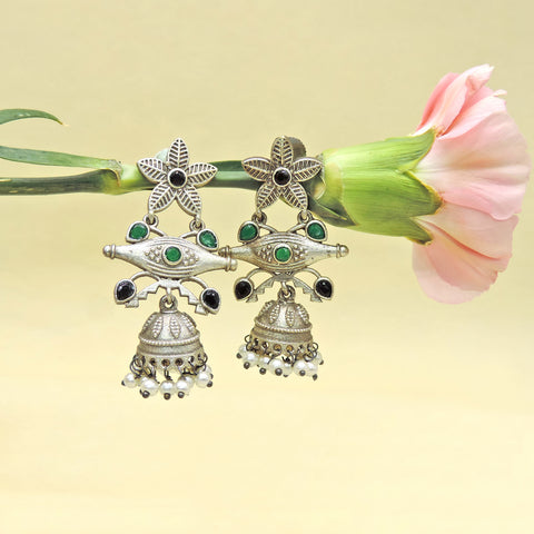 Blue Stone Oxidized Jhumka Earrings with Pearl Drops