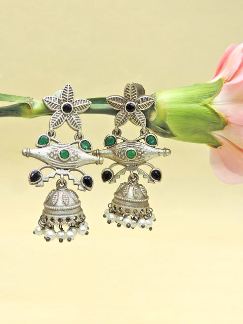 Blue Stone Oxidized Jhumka Earrings with Pearl Drops