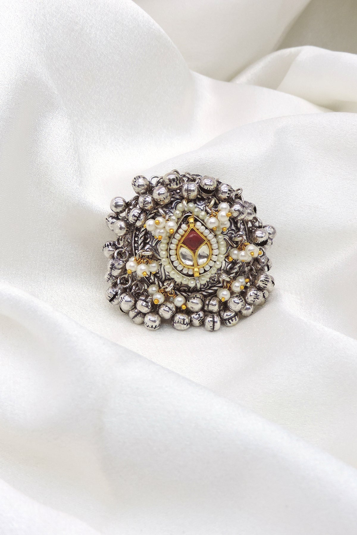 Oxidized Green Pearl Kundan Ring