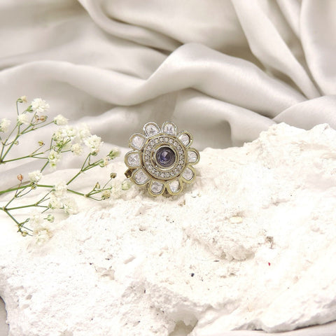 Floral Polki Kundan ring with purple center – Indian statement ring for women USA – Joyrias
