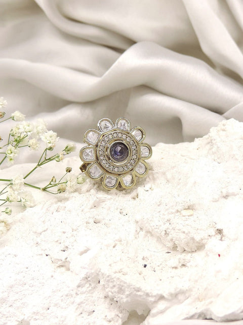 Floral Polki Kundan ring with purple center – Indian statement ring for women USA – Joyrias