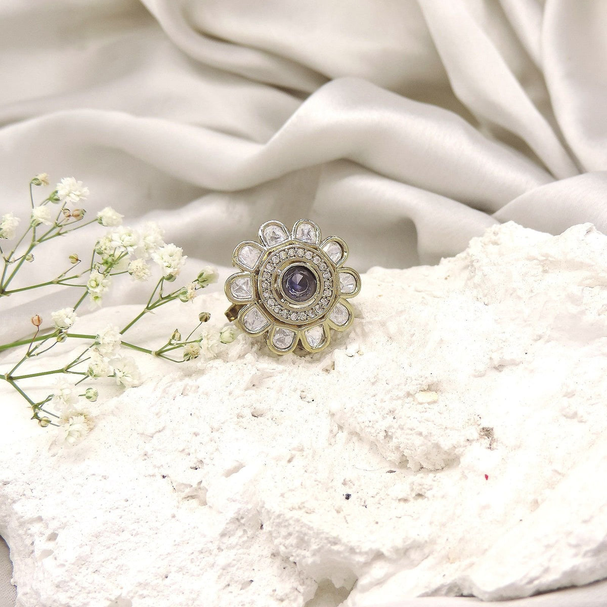 Floral Polki Kundan ring with purple center – Indian statement ring for women USA – Joyrias