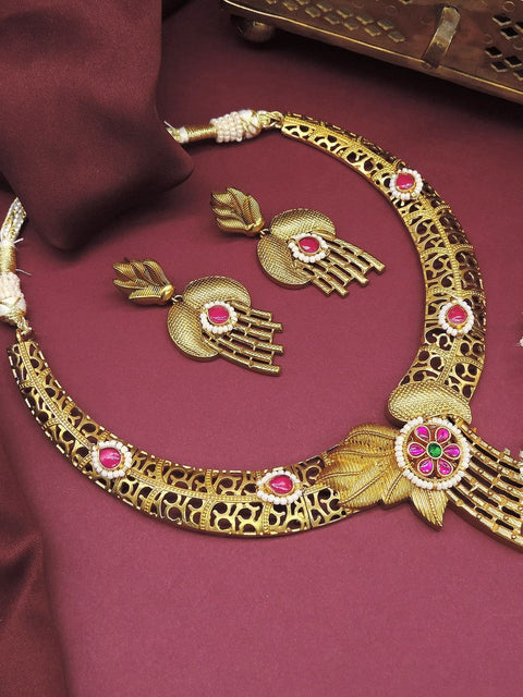 Antique cutwork floral necklace set with red stones – Indian ethnic necklace USA – Joyrias