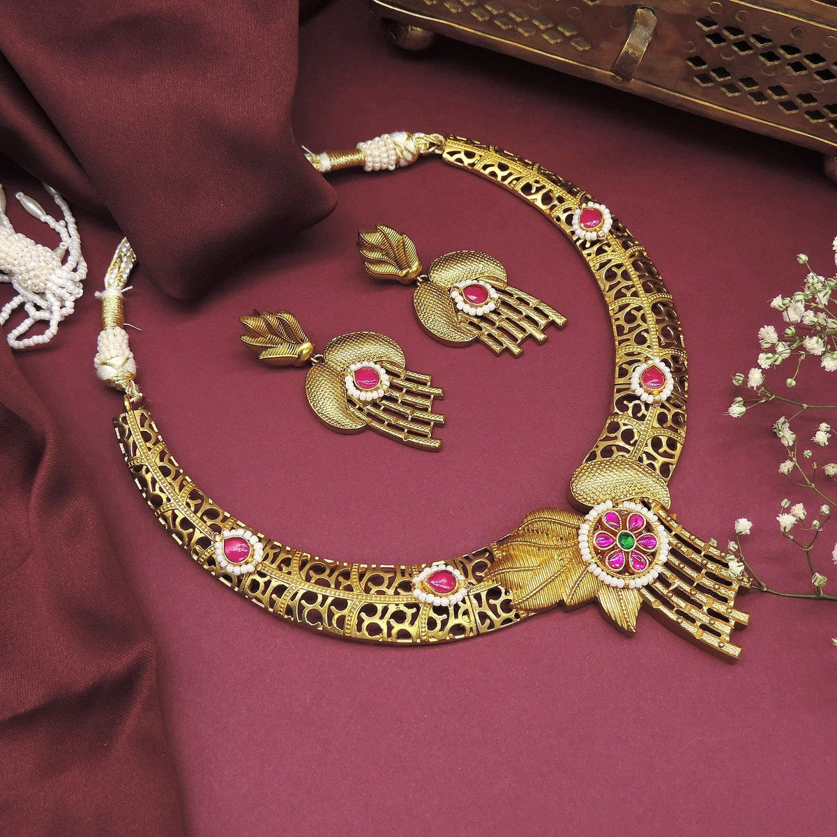 Antique cutwork floral necklace set with red stones – Indian ethnic necklace USA – Joyrias