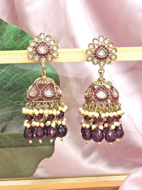 Kundan jhumka earrings with maroon beads – Indian Kundan jhumka for weddings USA – Joyrias